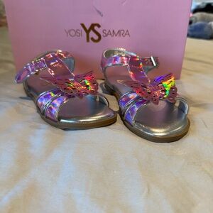 Yosi Samra Pink and Silver Sandals with Floral Design